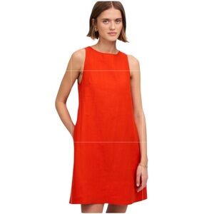 NEW Red Linen Mini Shift Dress in Bright Flame On-Seam Pockets Size XS
